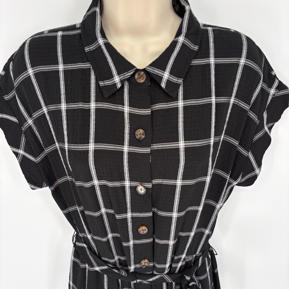 Calvin Klein Black White Windowpane Plaid Belted Midi Shirt Dress Size 10
